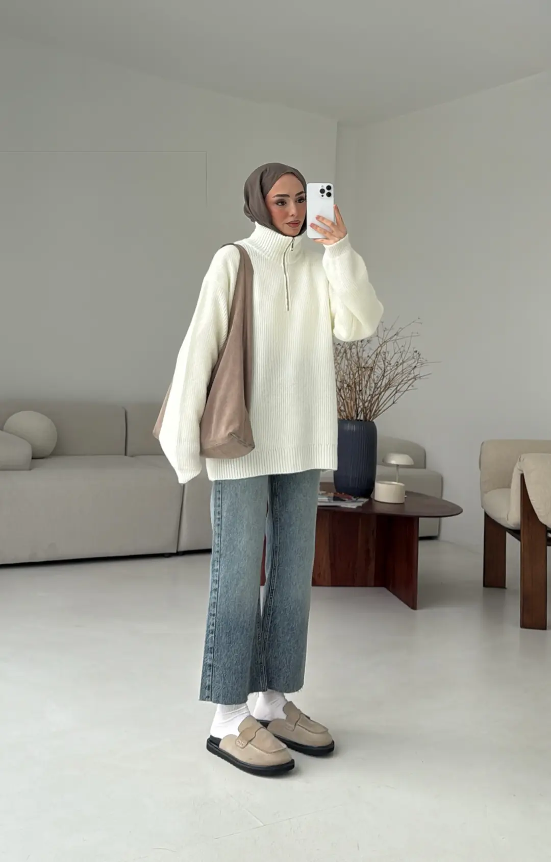 Yarım Zip Triko Kazak Kırık Beyaz
