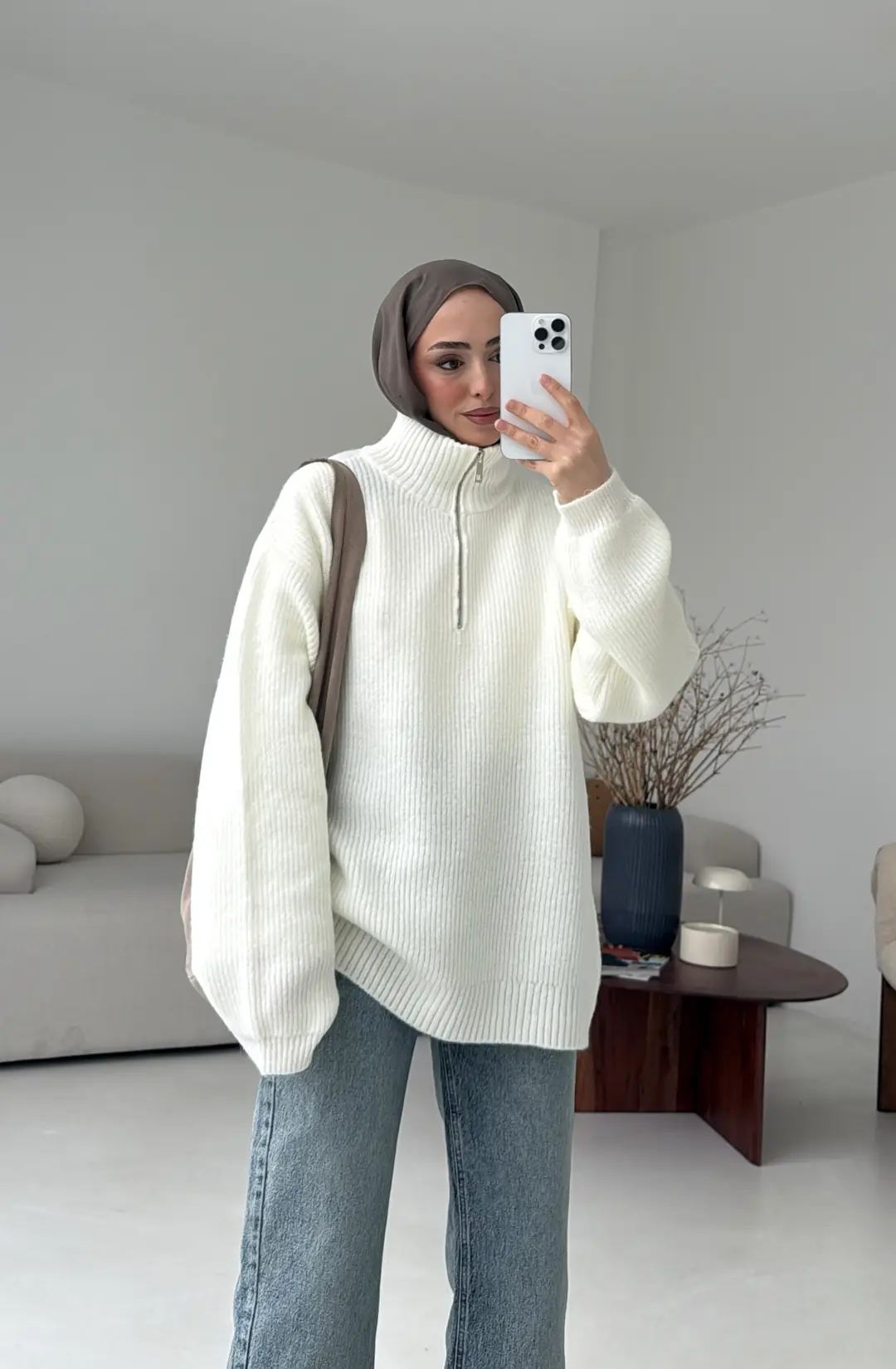 Yarım Zip Triko Kazak Kırık Beyaz