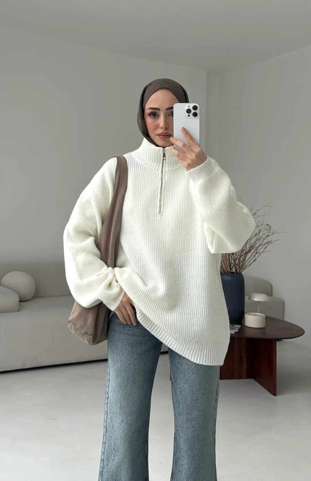 Yarım Zip Triko Kazak Kırık Beyaz