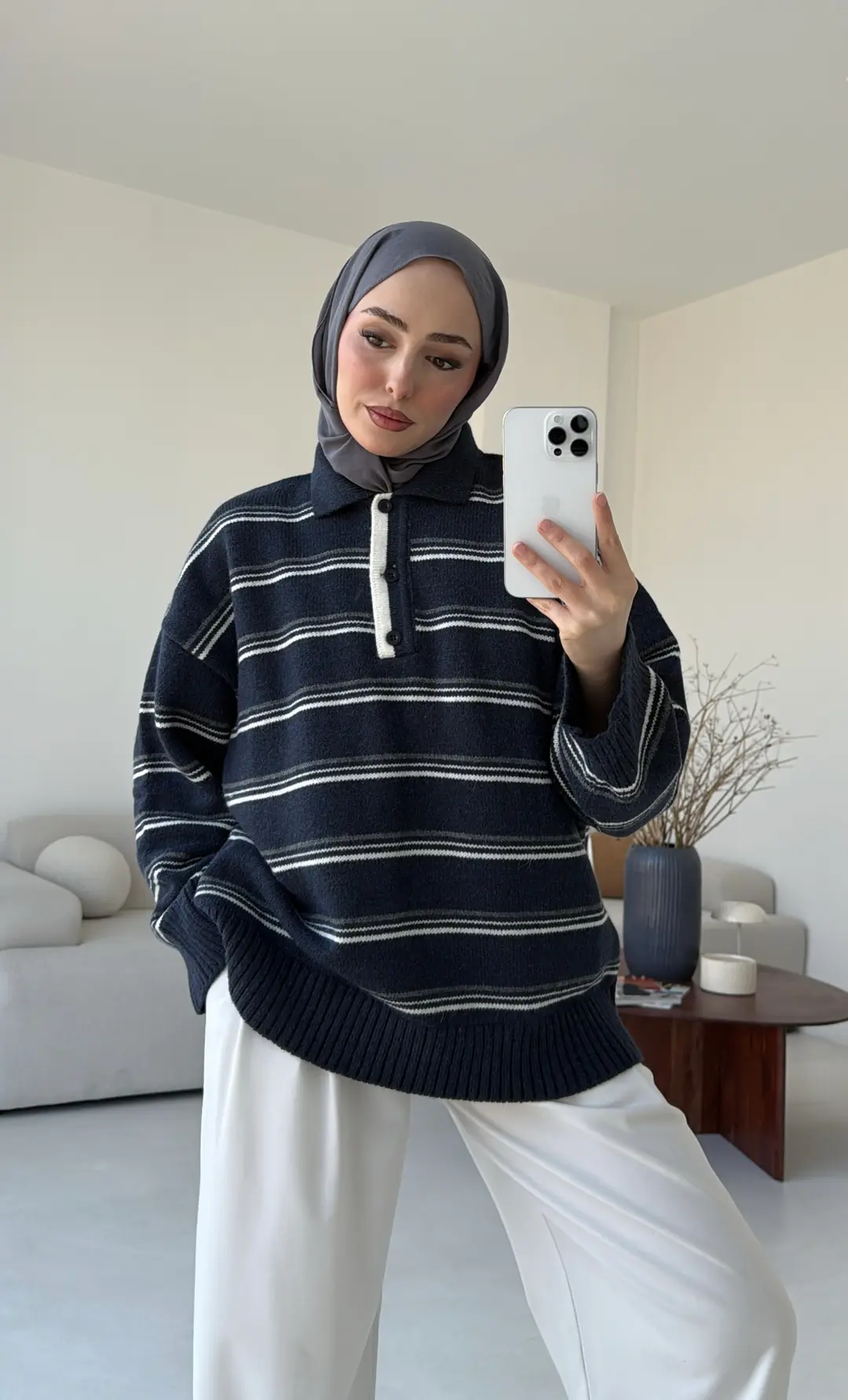 Çift Renk Polo Yaka Kazak Lacivert
