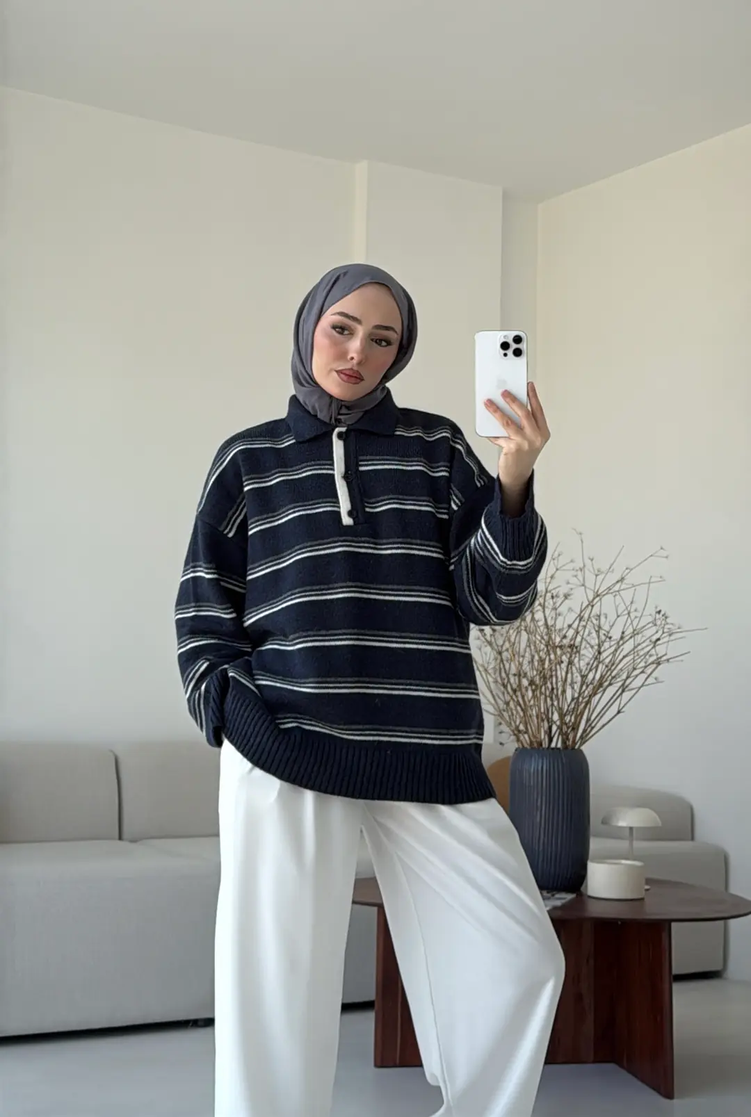 Çift Renk Polo Yaka Kazak Lacivert