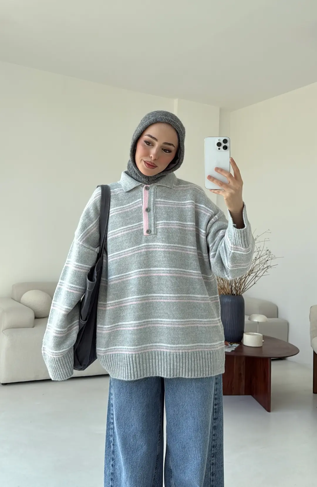 Çift Renk Polo Yaka Kazak Gri