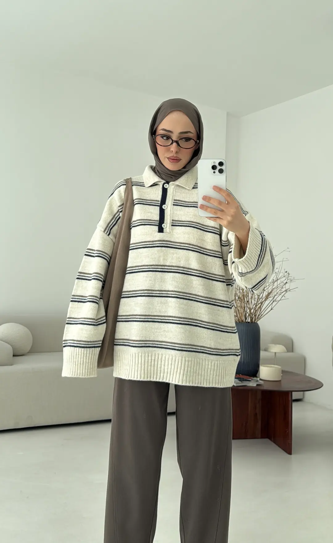 Çift Renk Polo Yaka Kazak Ekru