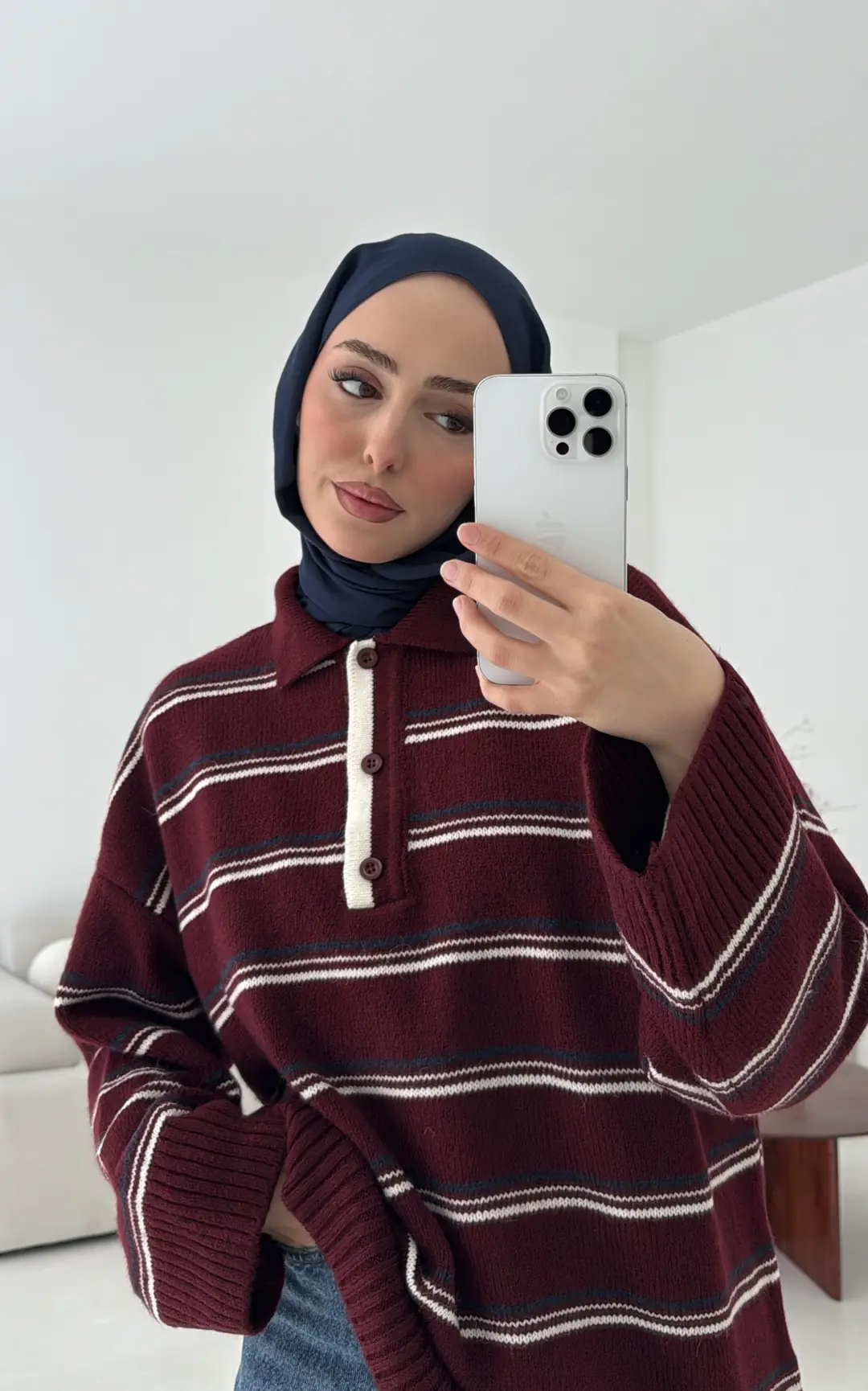 Çift Renk Polo Yaka Kazak Bordo