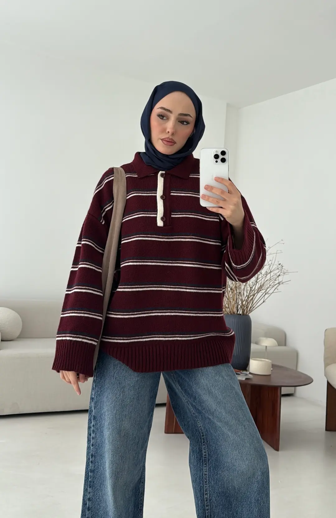 Çift Renk Polo Yaka Kazak Bordo