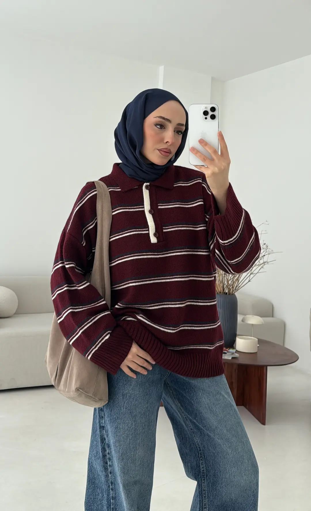 Çift Renk Polo Yaka Kazak Bordo