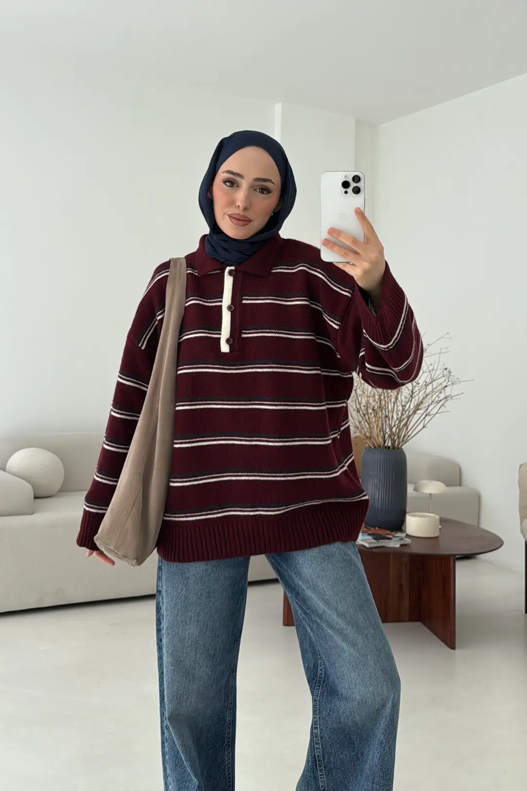 Çift Renk Polo Yaka Kazak Bordo