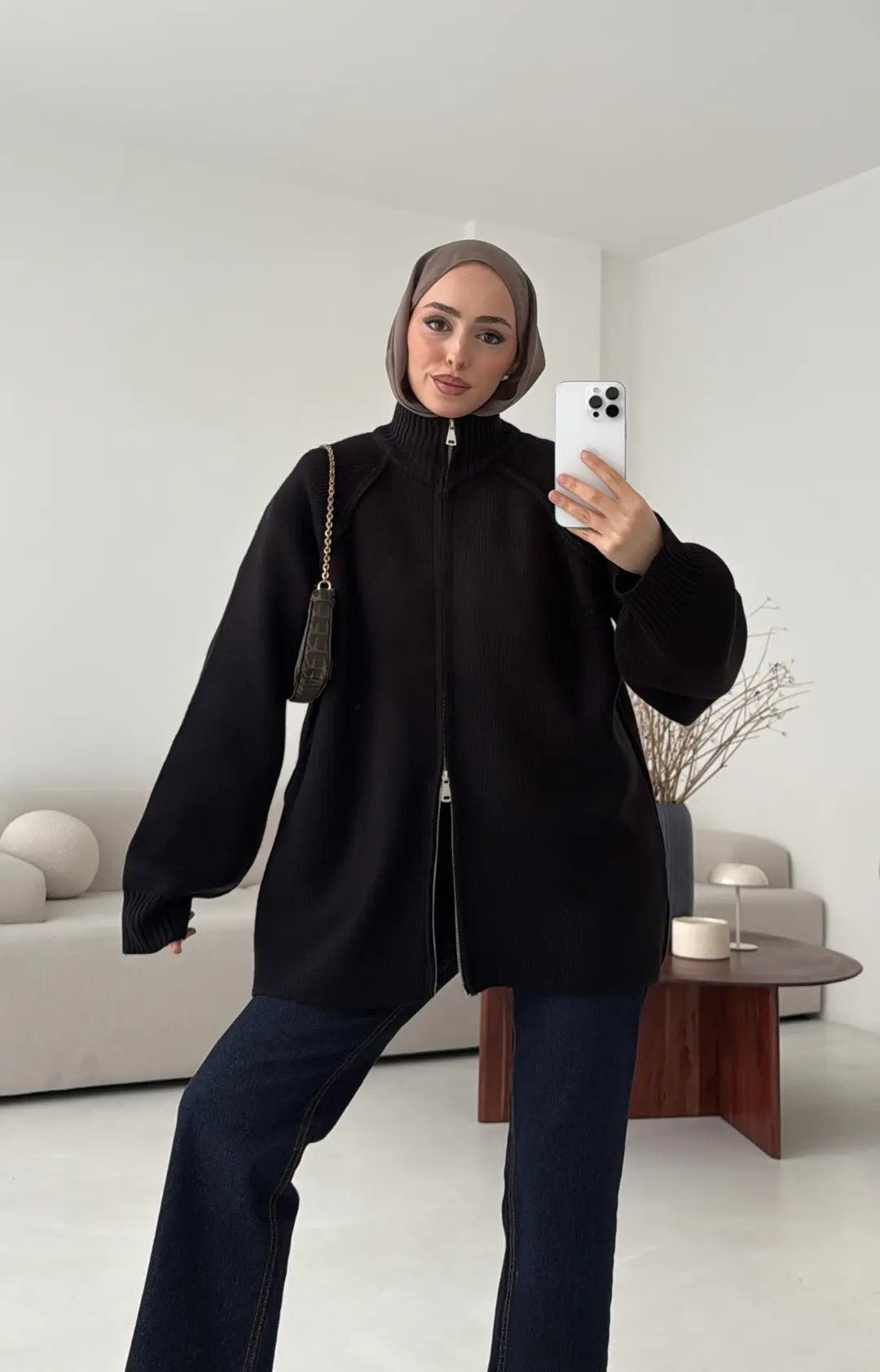Çift Fermuarlı Hırka Siyah