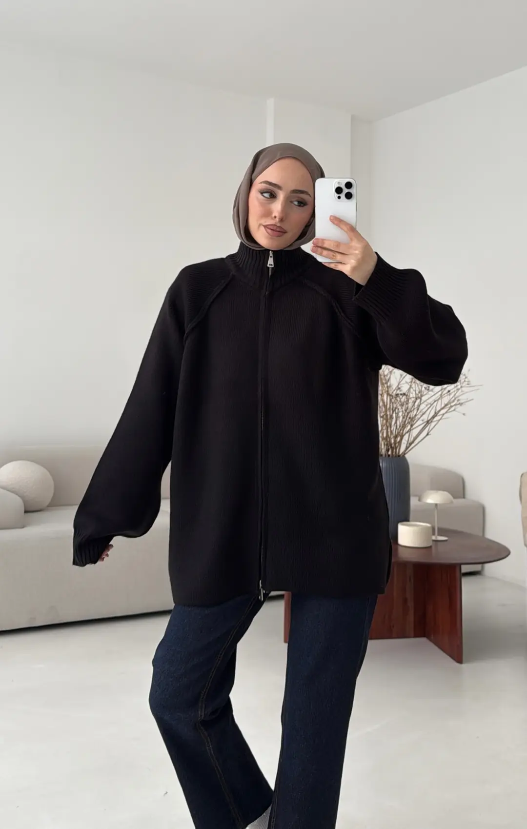 Çift Fermuarlı Hırka Siyah
