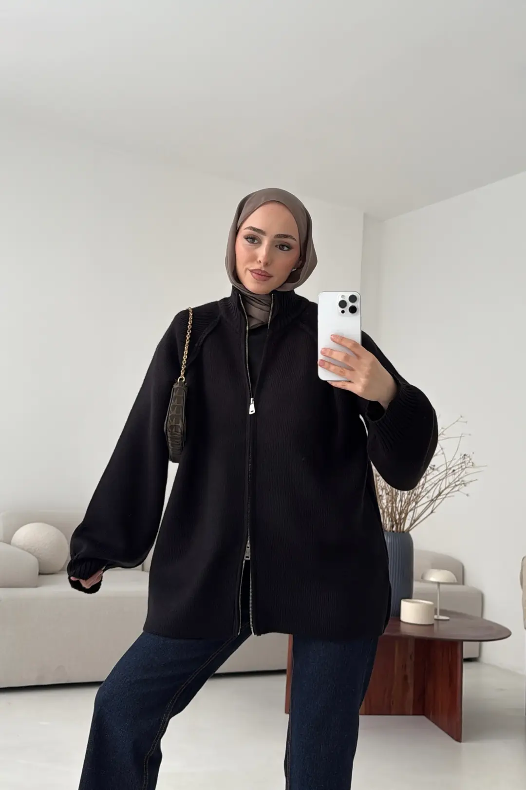 Çift Fermuarlı Hırka Siyah