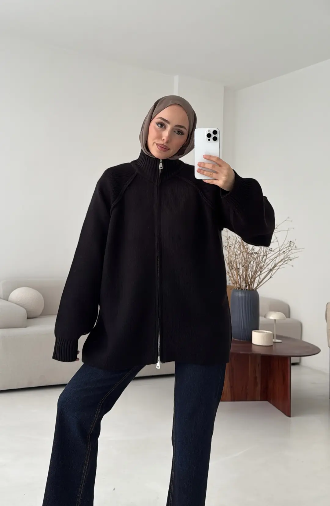 Çift Fermuarlı Hırka Siyah