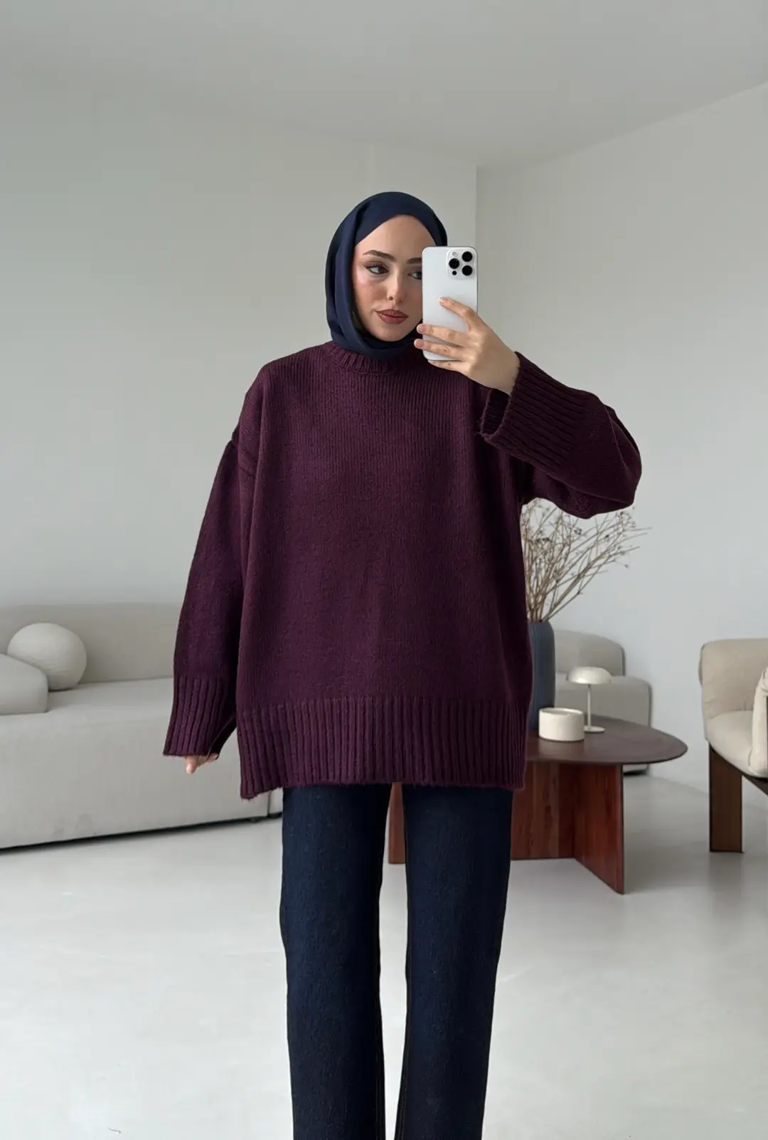 Çift Kat Triko Kazak Mürdüm