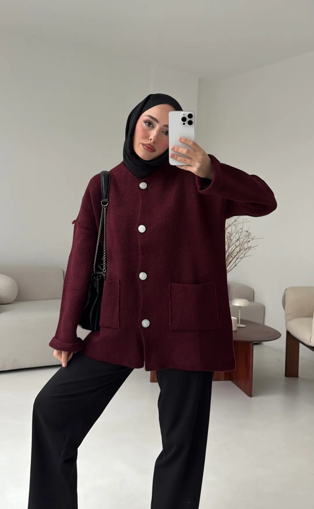 Double Kol Çelik Örgü Hırka Bordo