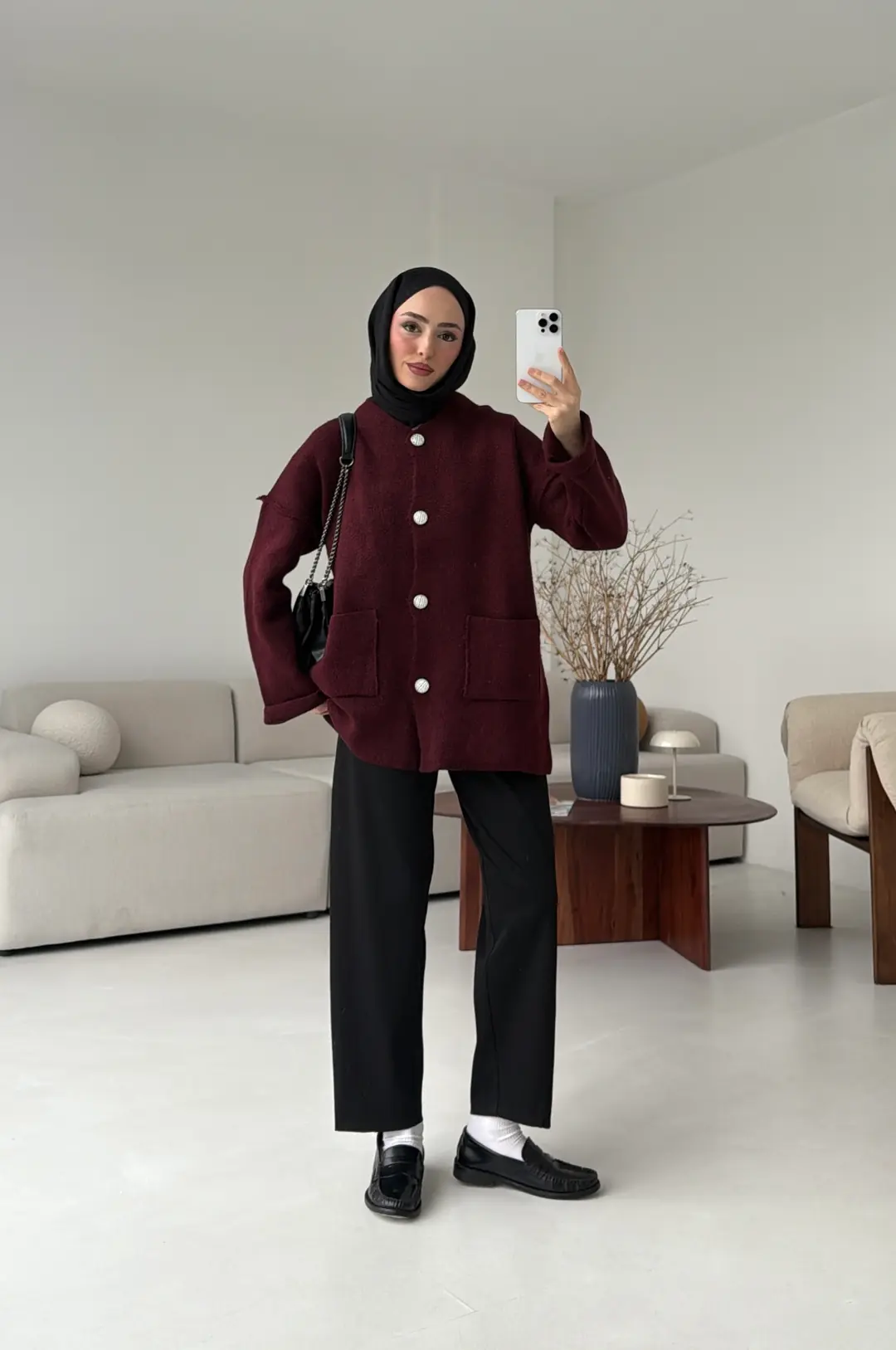 Double Kol Çelik Örgü Hırka Bordo