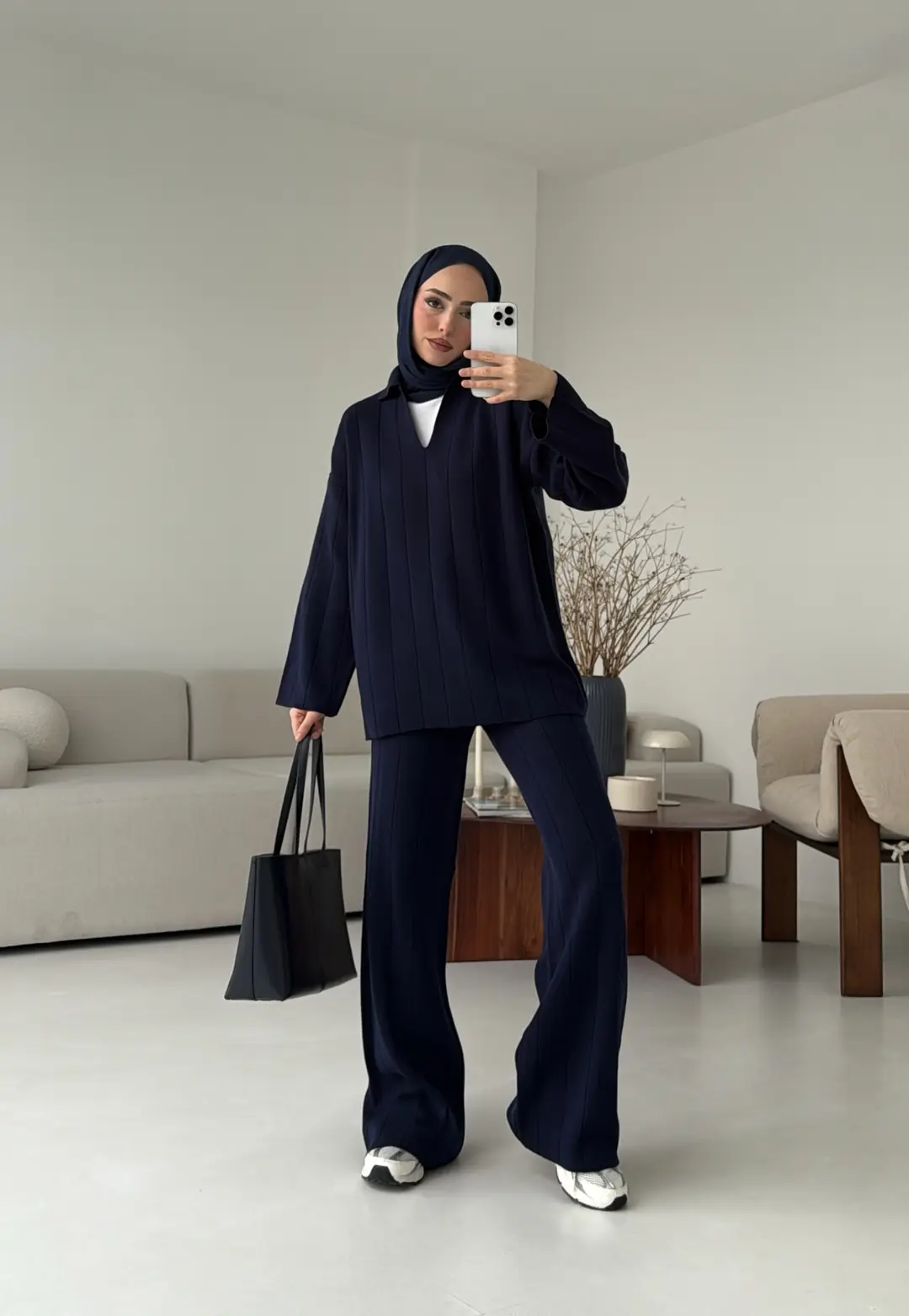 Düz Fitilli Triko Takım Lacivert
