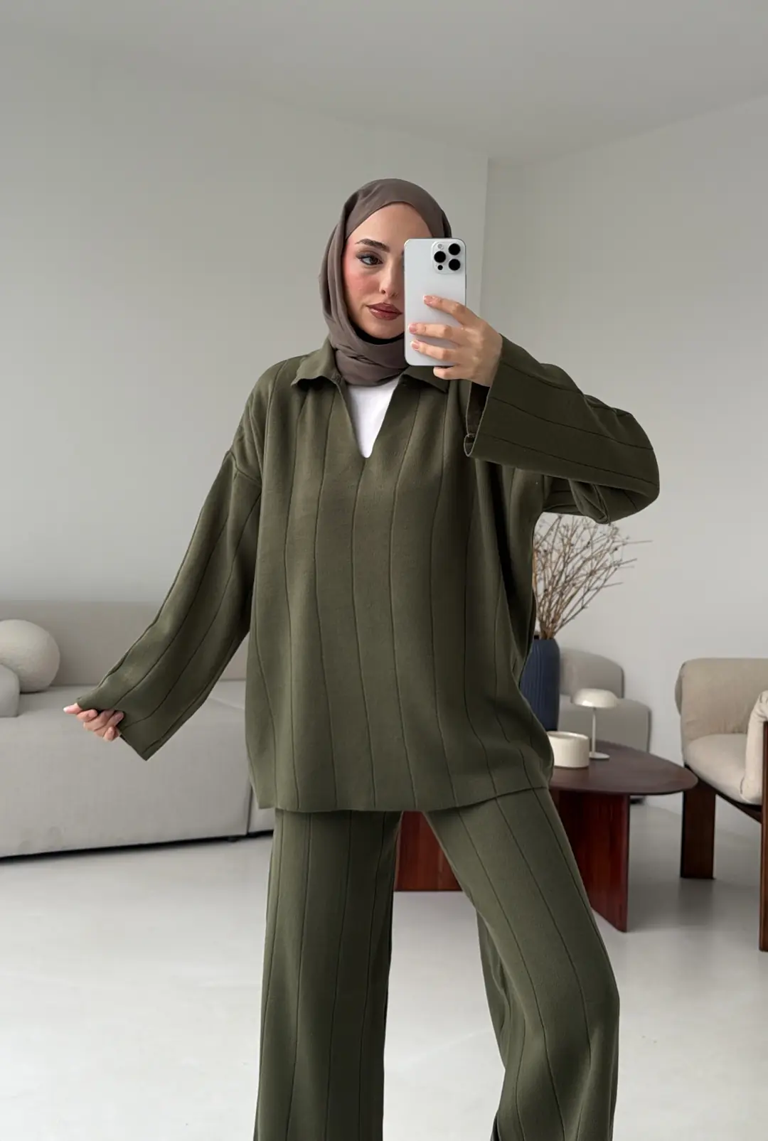 Düz Fitilli Triko Takım Haki