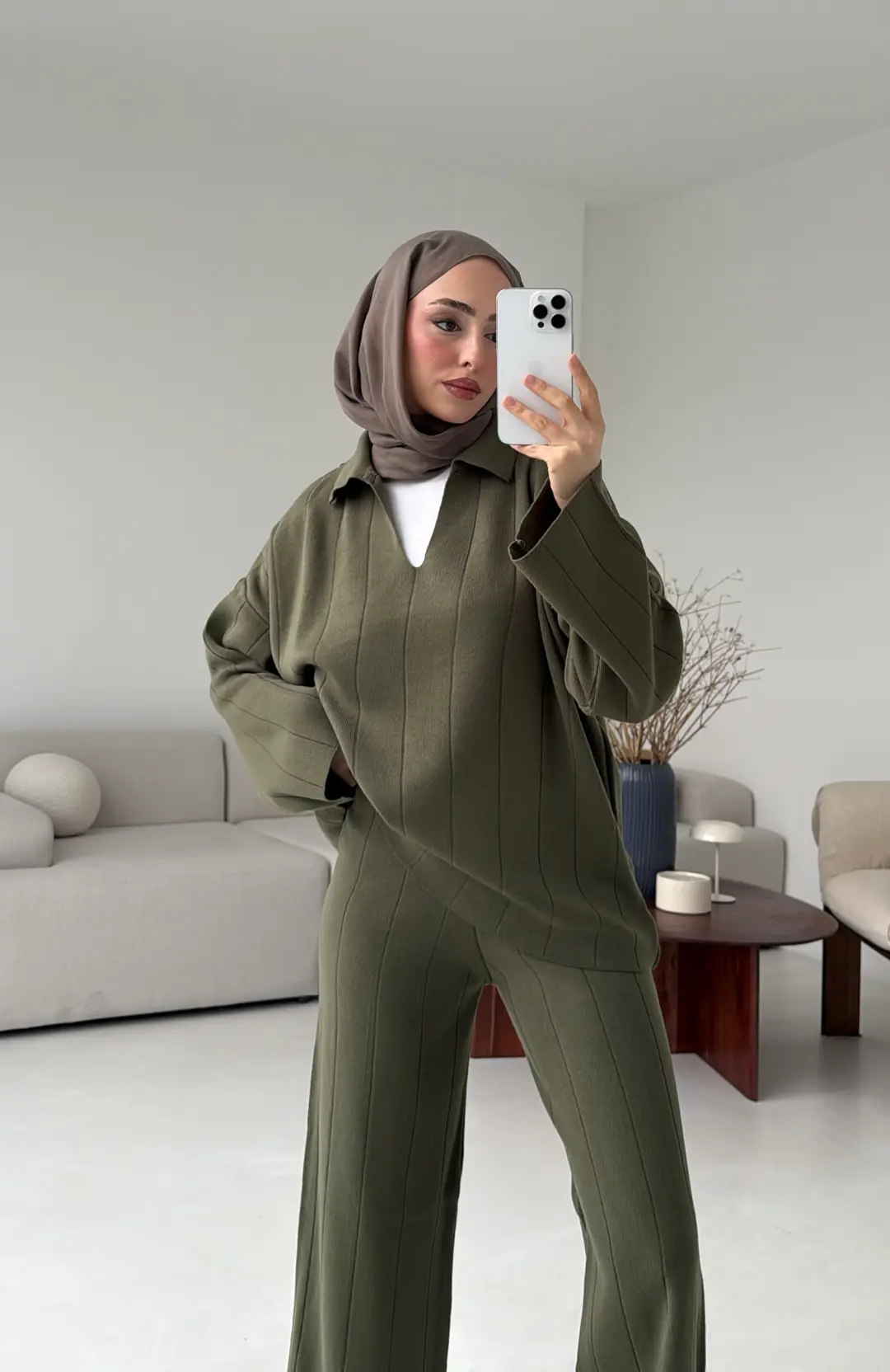 Düz Fitilli Triko Takım Haki