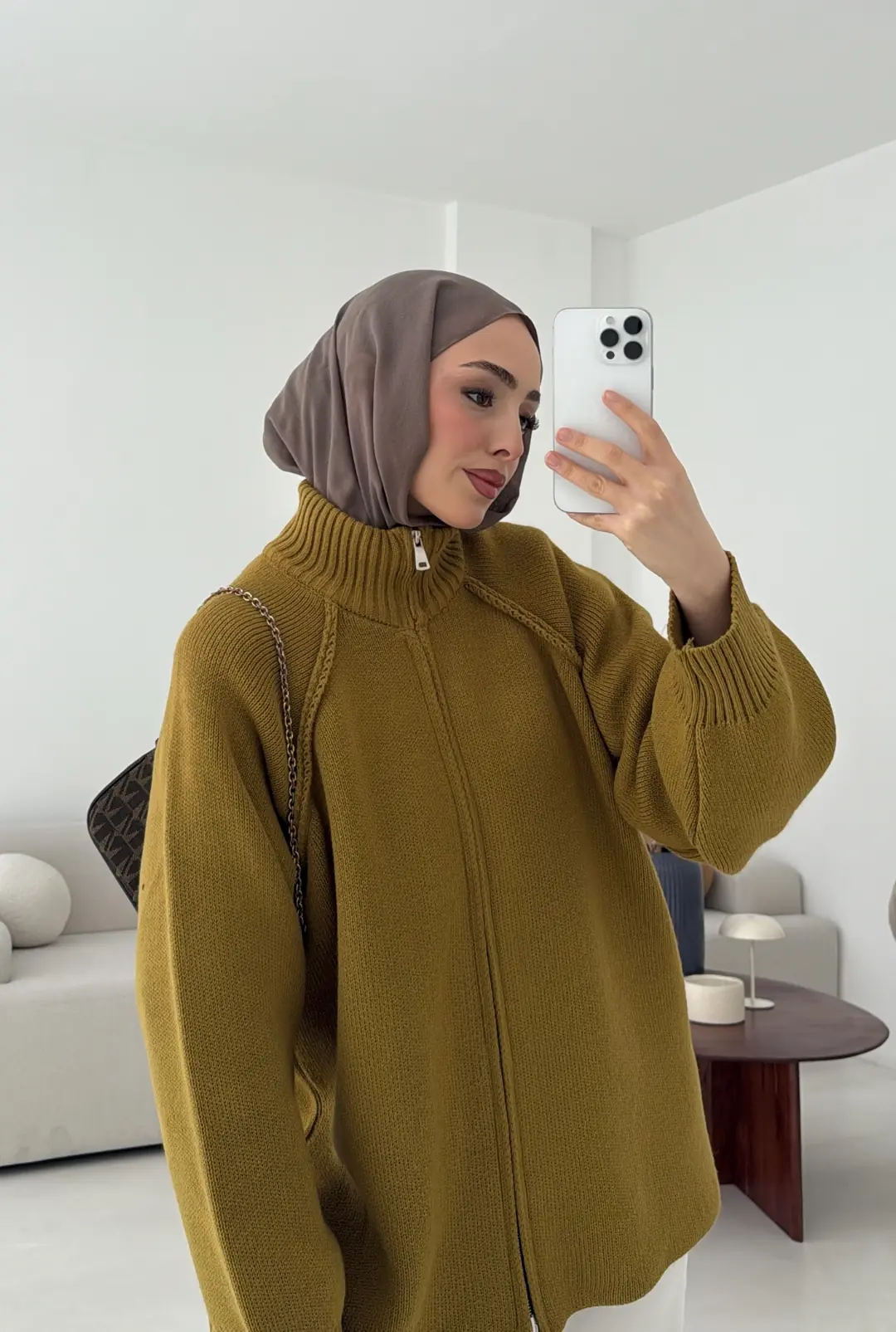 Çift Fermuarlı Hırka Hardal