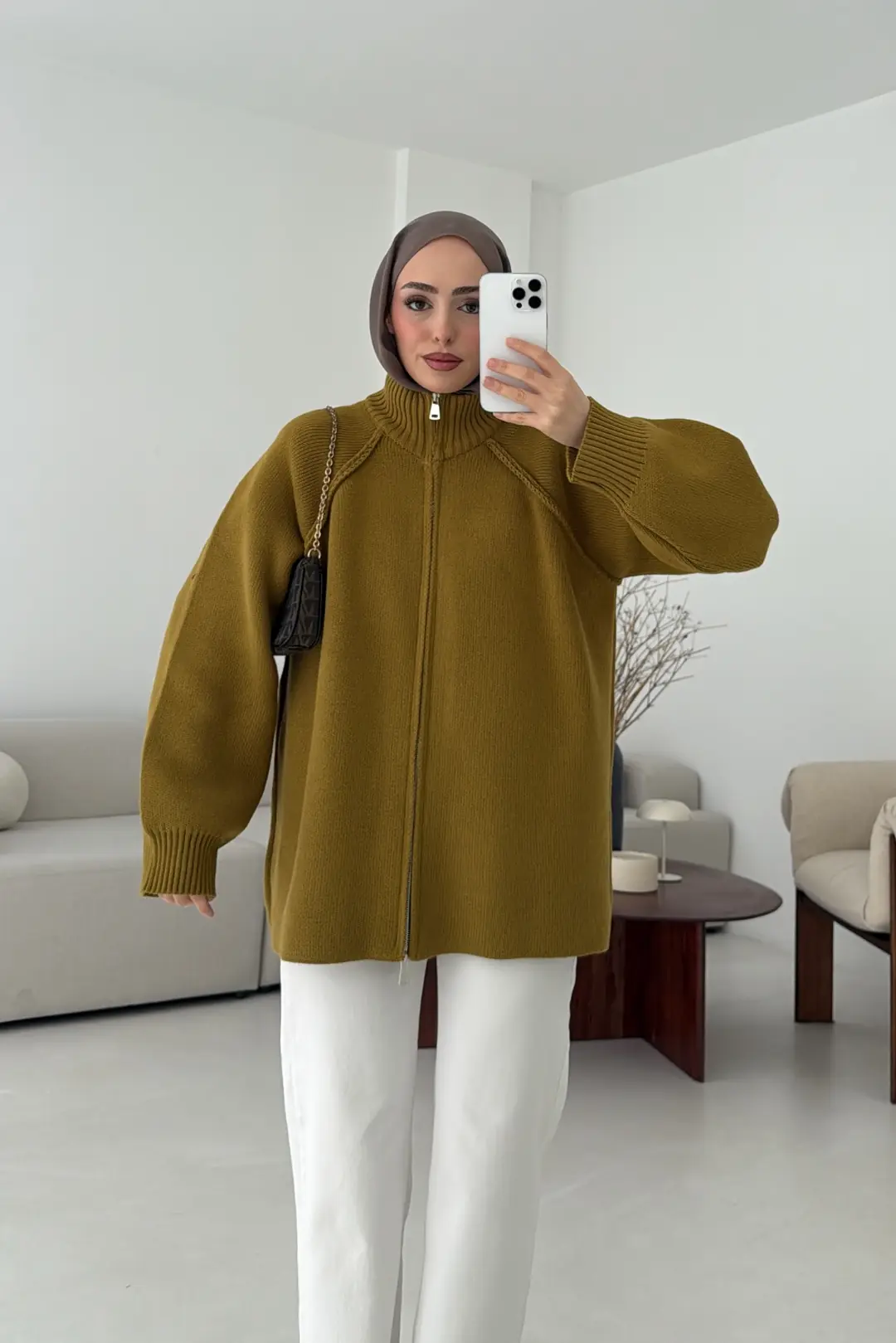Çift Fermuarlı Hırka Hardal