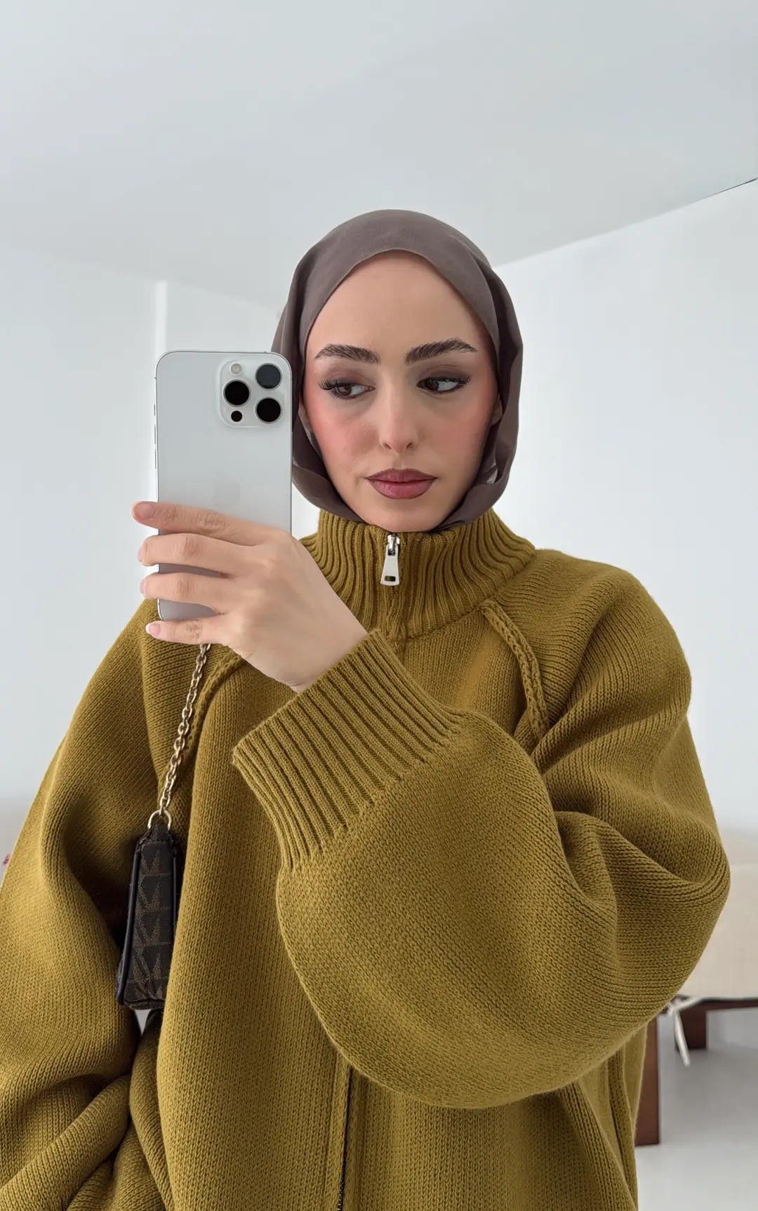 Çift Fermuarlı Hırka Hardal