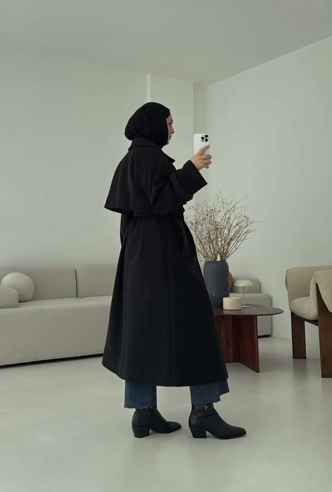 Rüzgarlıklı Uzun Kaşe Kaban Siyah