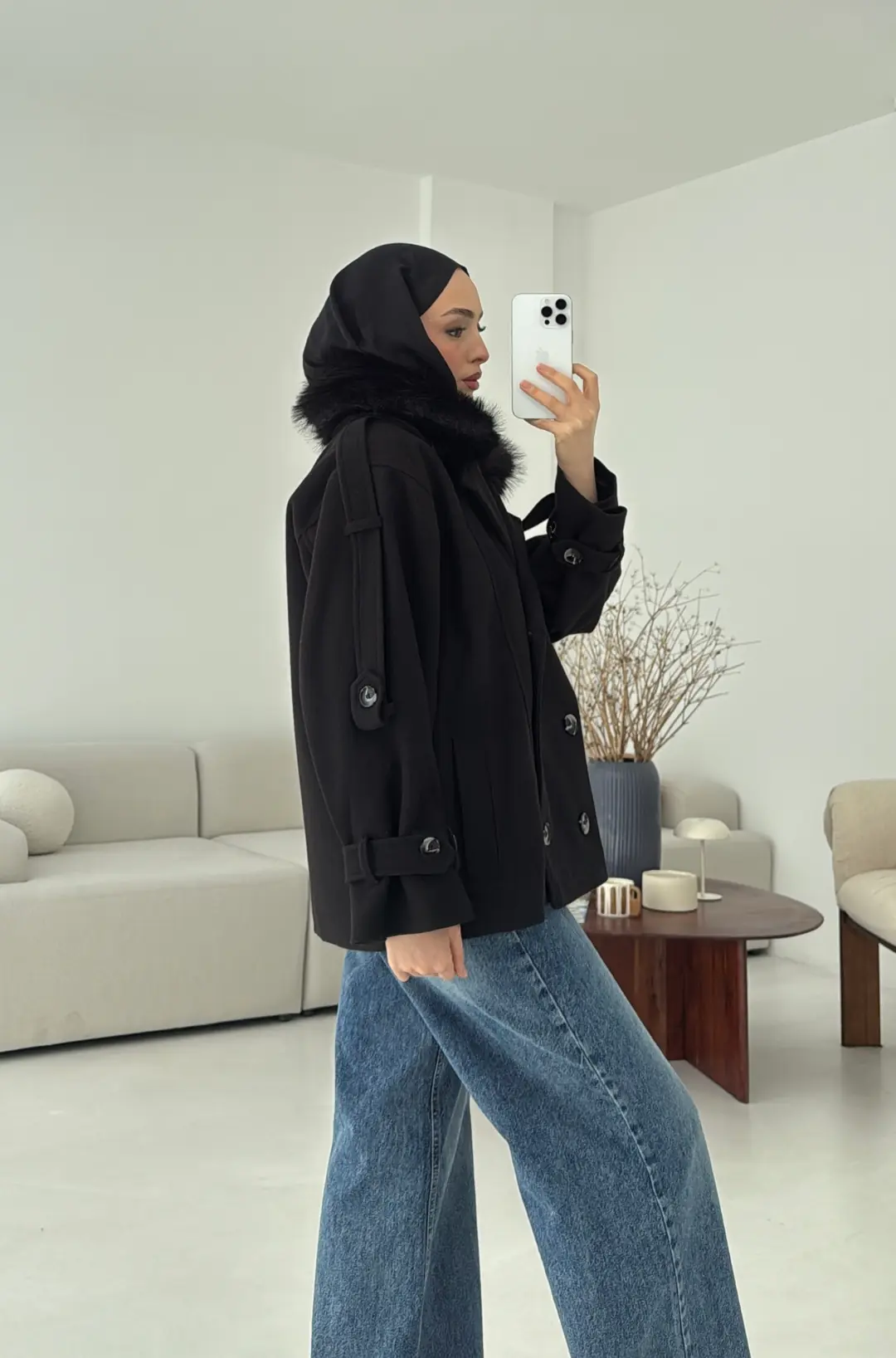 Asortİ Yakalı Kaşe Kaban Siyah