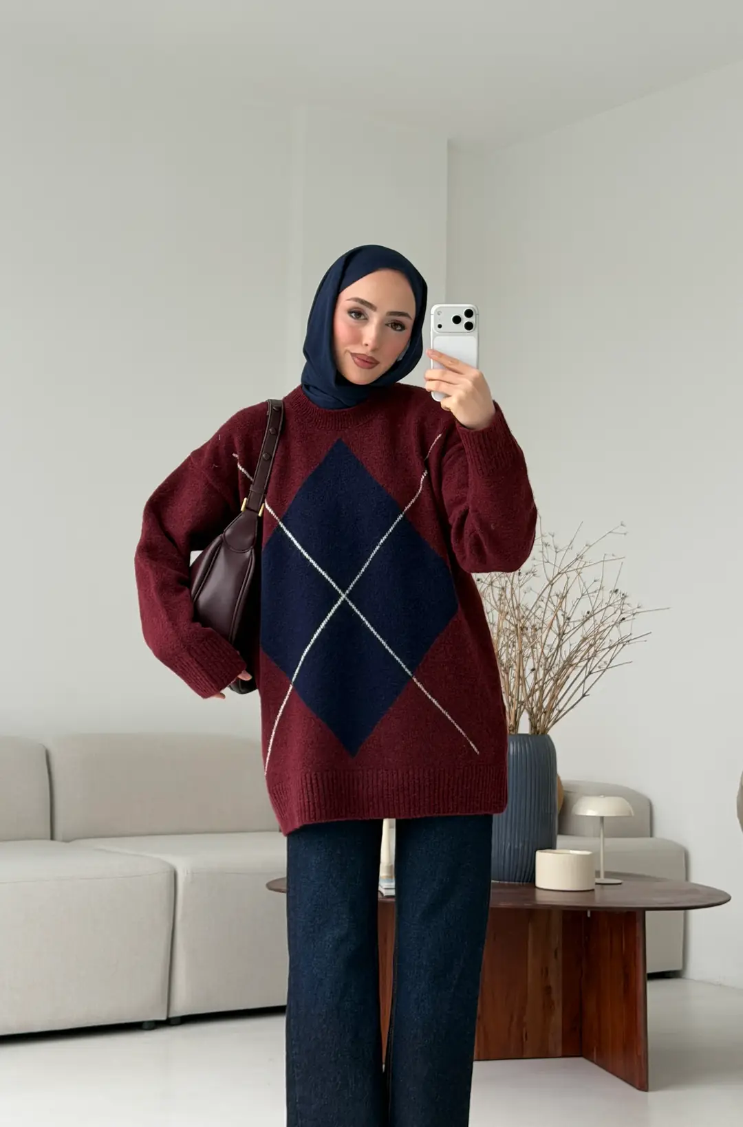 Önü Desenli Kazak Bordo