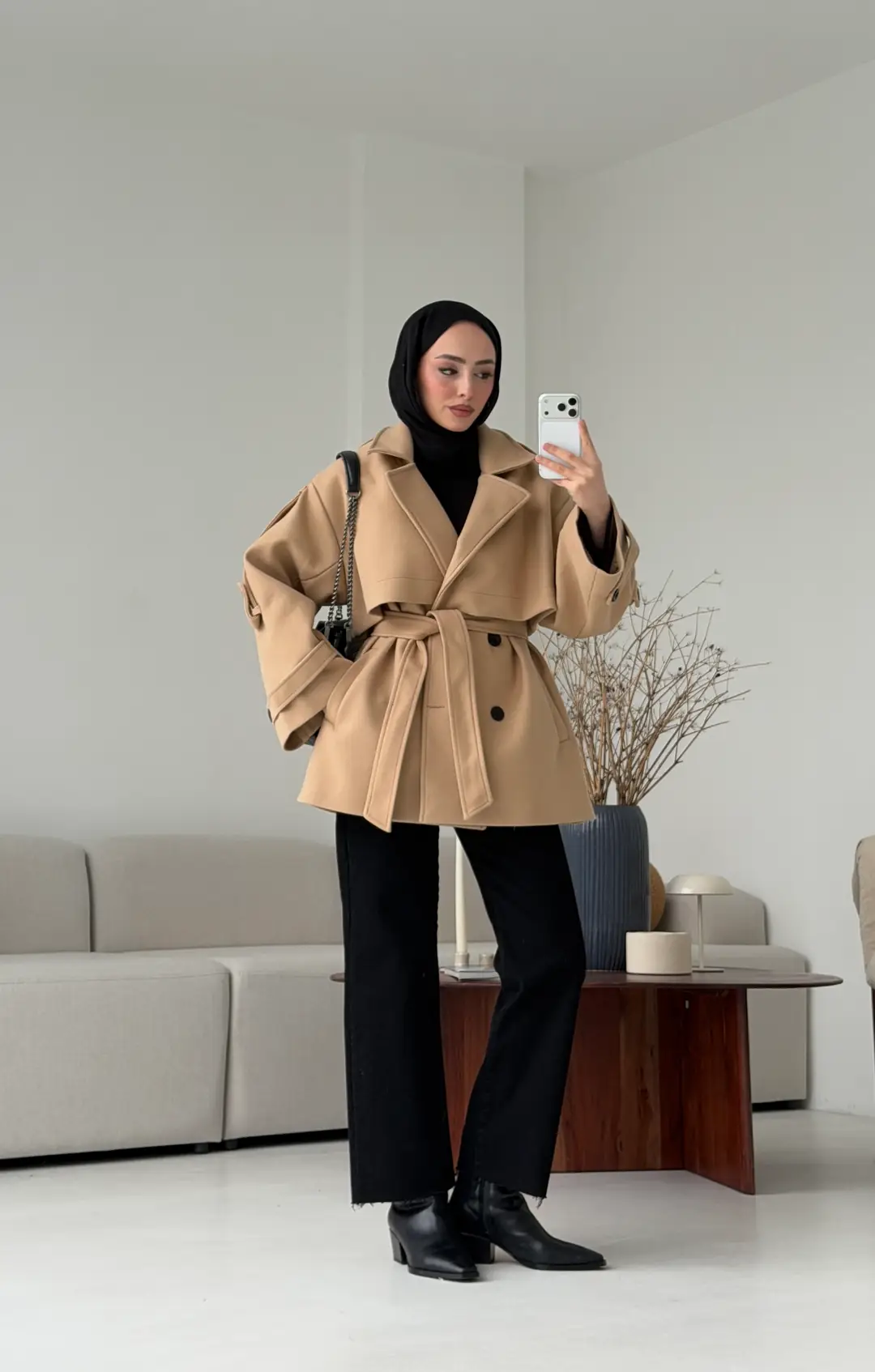 Camel Düğmeli Kol Manşetli Kaşe Kaban
