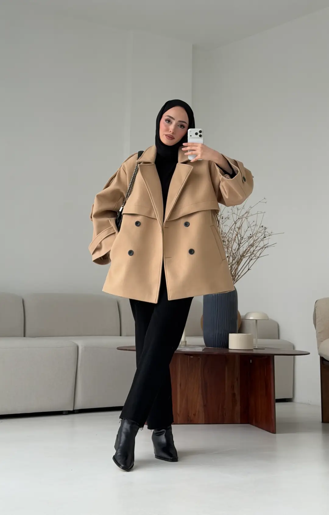 Camel Düğmeli Kol Manşetli Kaşe Kaban