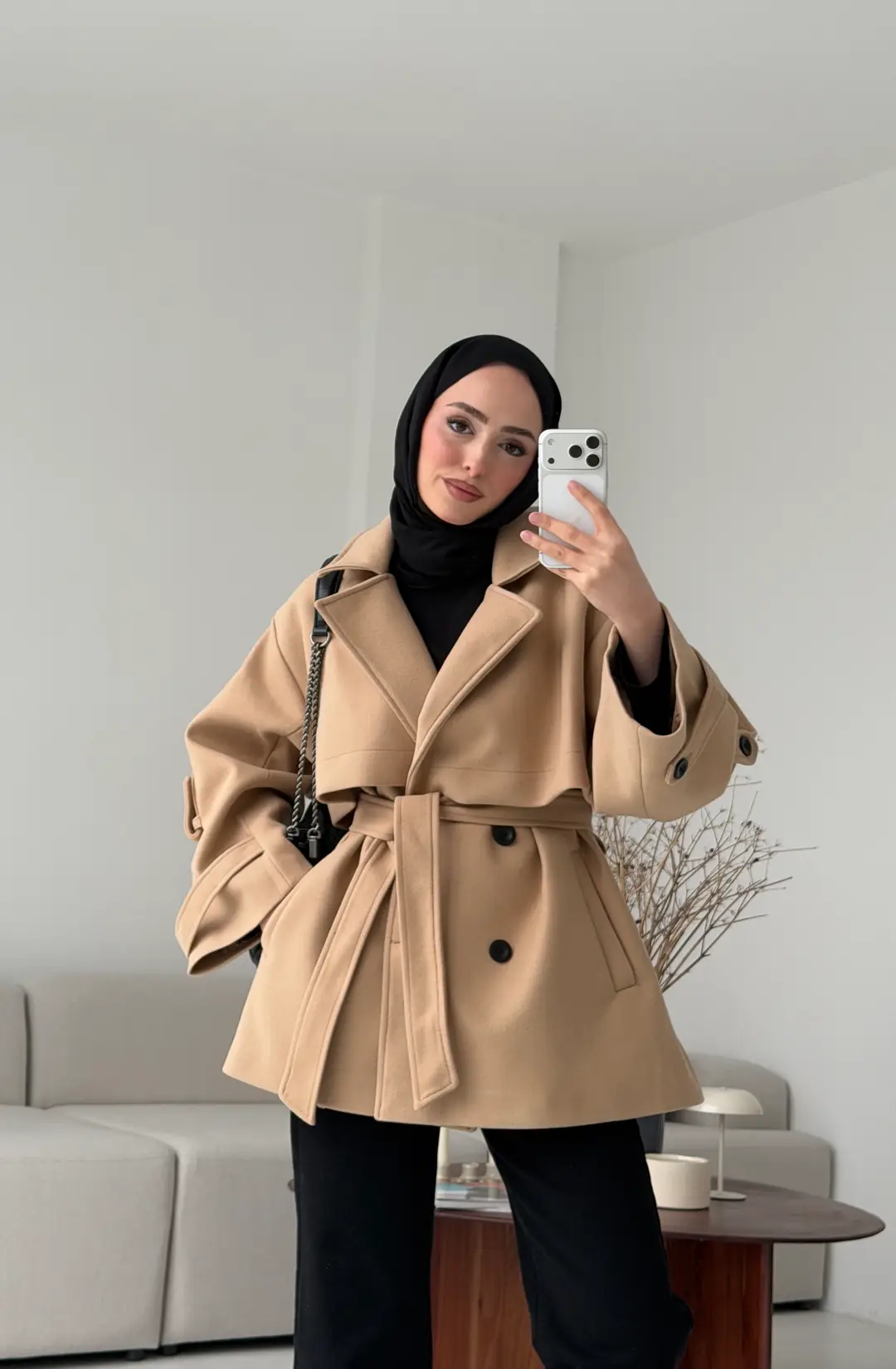 Camel Düğmeli Kol Manşetli Kaşe Kaban