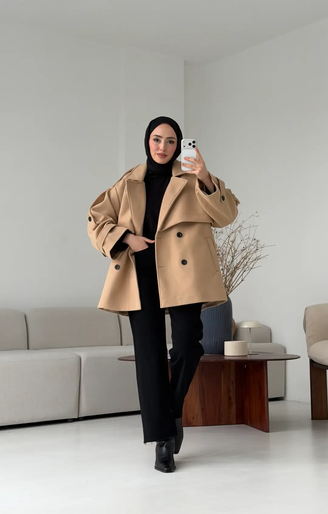 Camel Düğmeli Kol Manşetli Kaşe Kaban