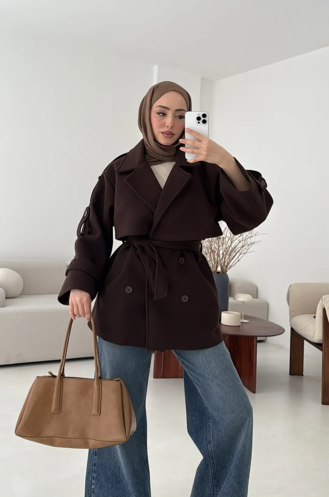 Kahve Düğmeli Kol Manşetli Kaşe Kaban