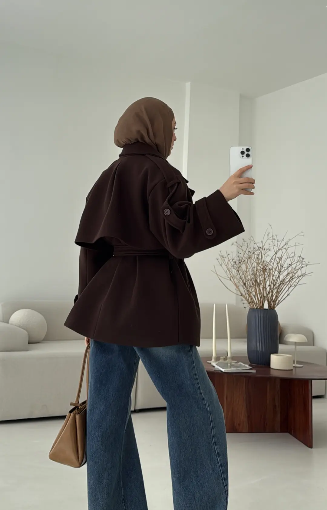 Kahve Düğmeli Kol Manşetli Kaşe Kaban