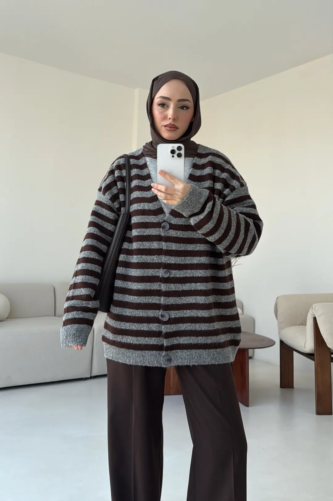 Kahve/Gri Çizgili Triko Hırka