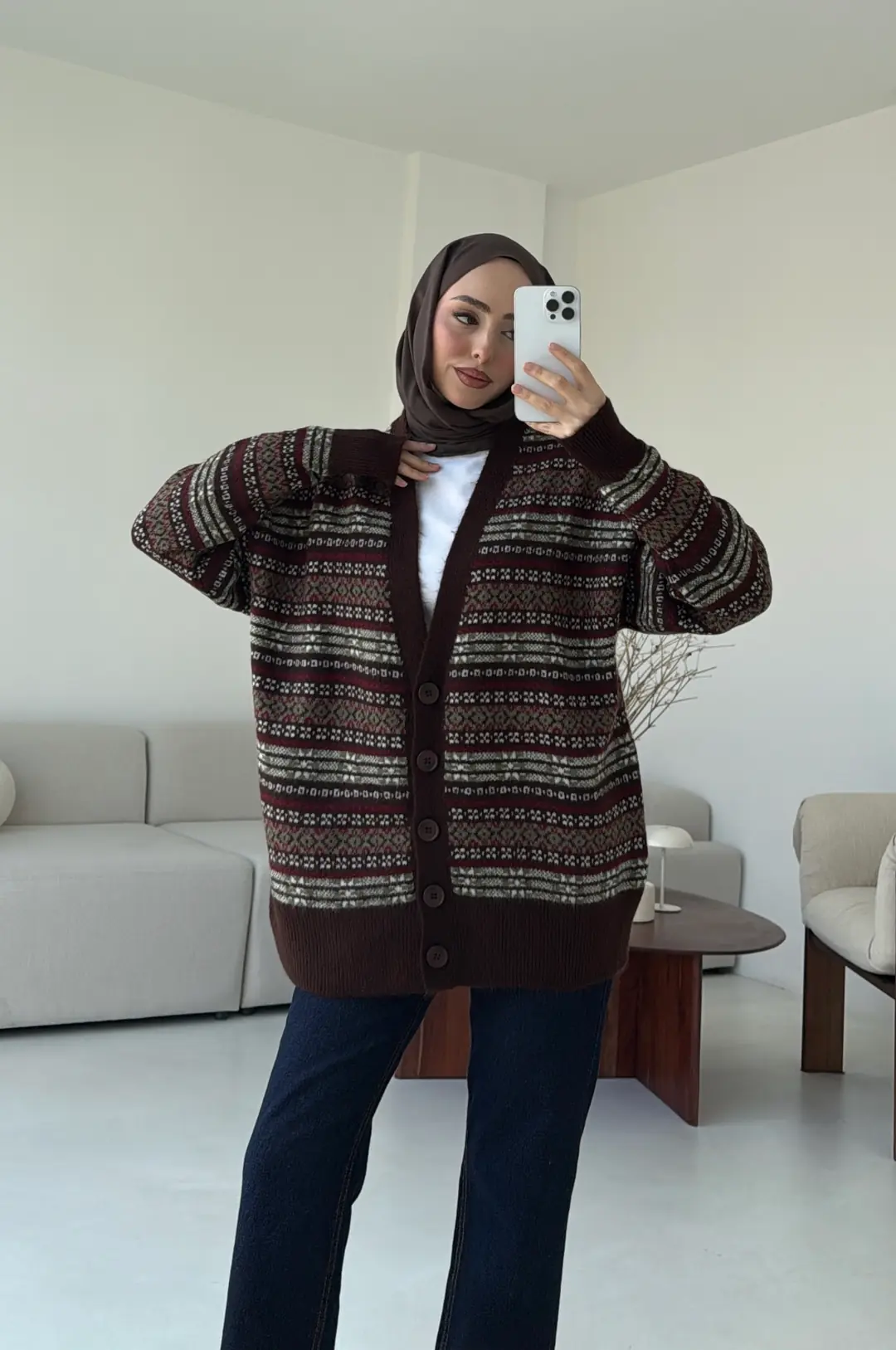 Kahve Desenli Örgü Hırka