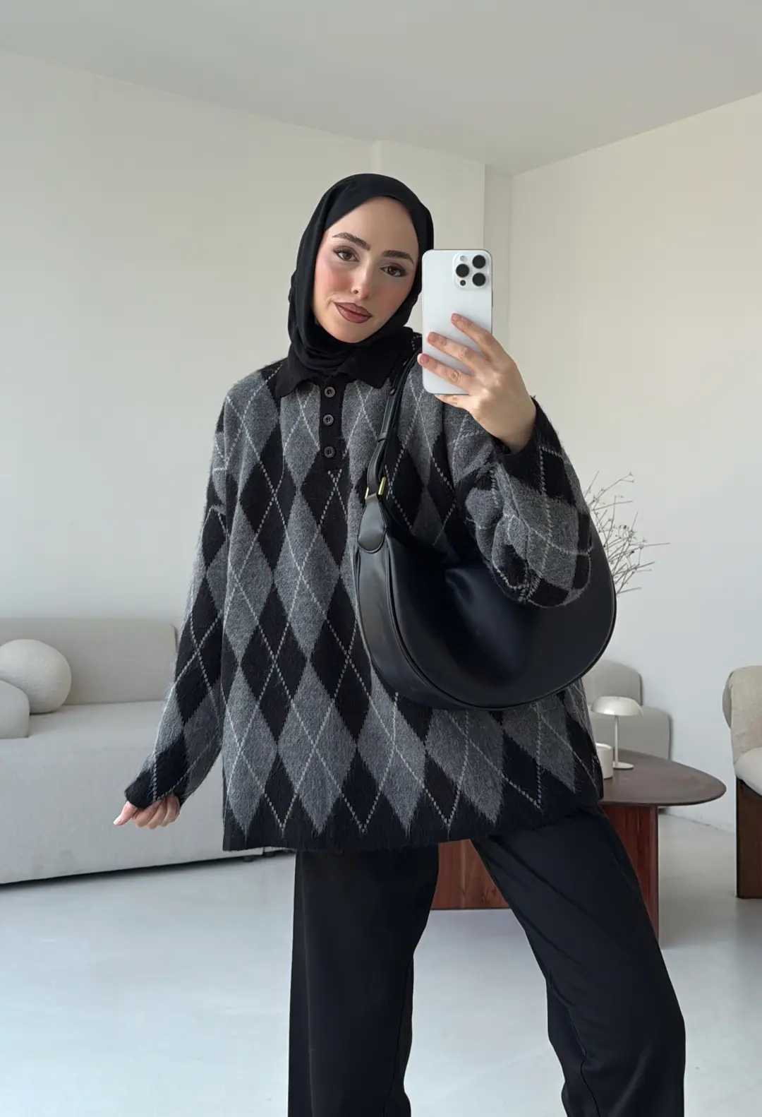 Premium Baklava Desenli Polo Yaka Kazak Siyah