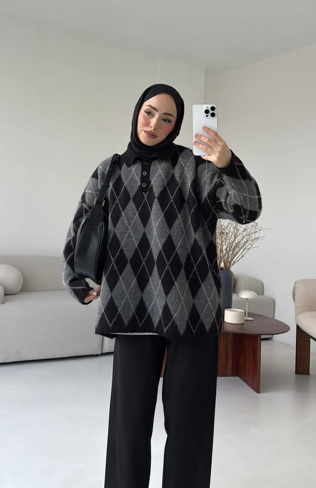 Premium Baklava Desenli Polo Yaka Kazak Siyah