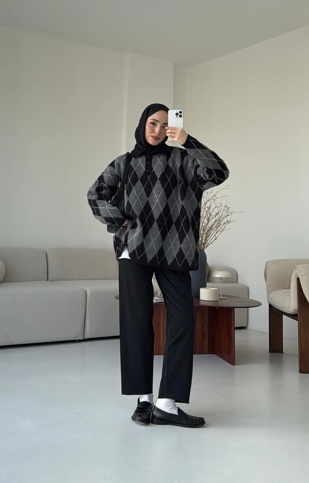 Premium Baklava Desenli Polo Yaka Kazak Siyah