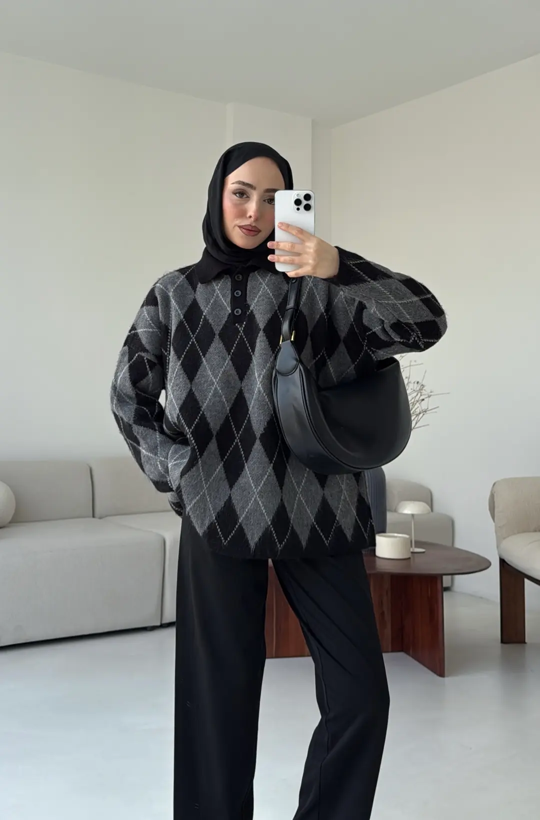 Premium Baklava Desenli Polo Yaka Kazak Siyah