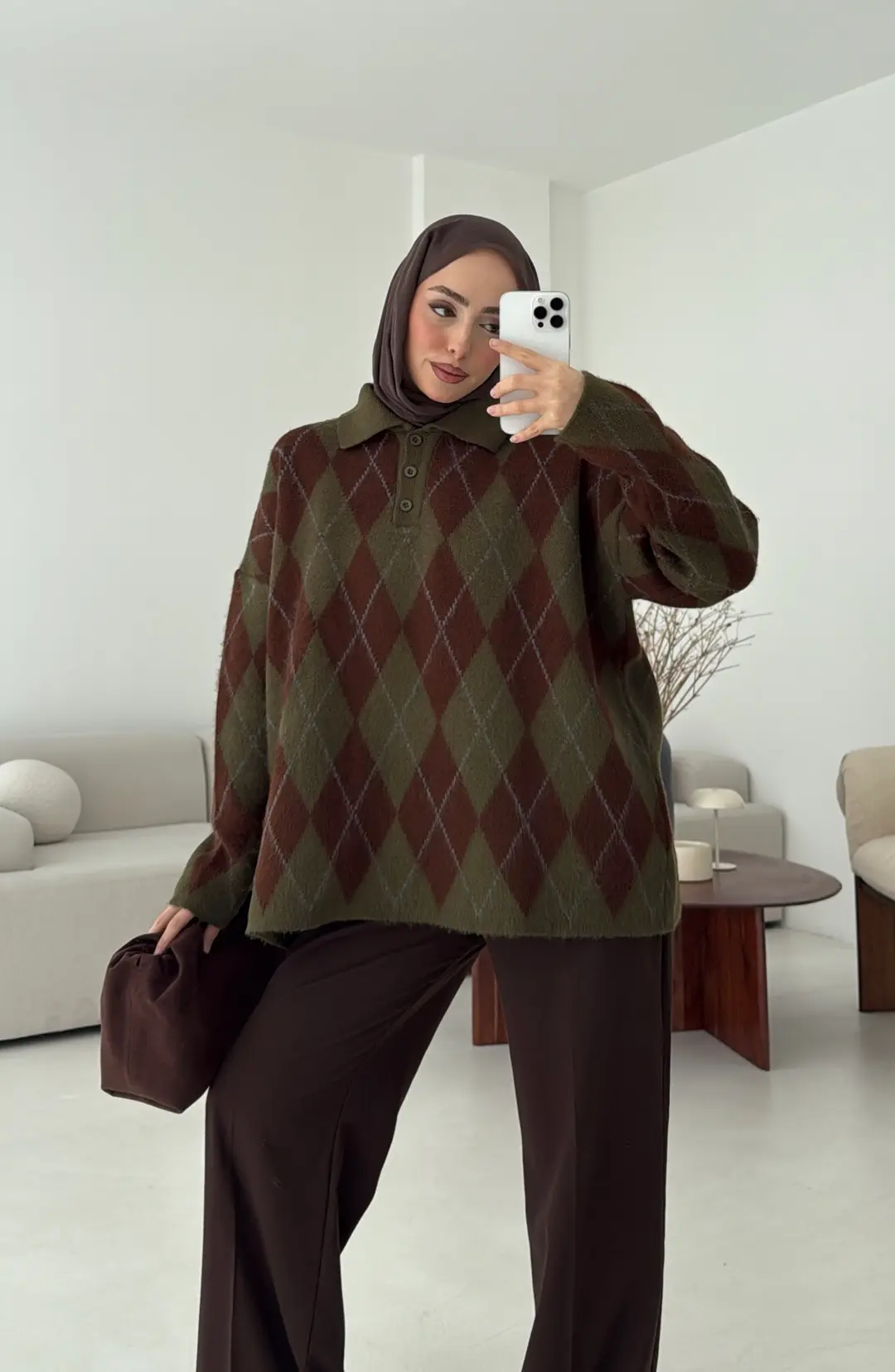 Premium Baklava Desenli Polo Yaka Kazak Haki