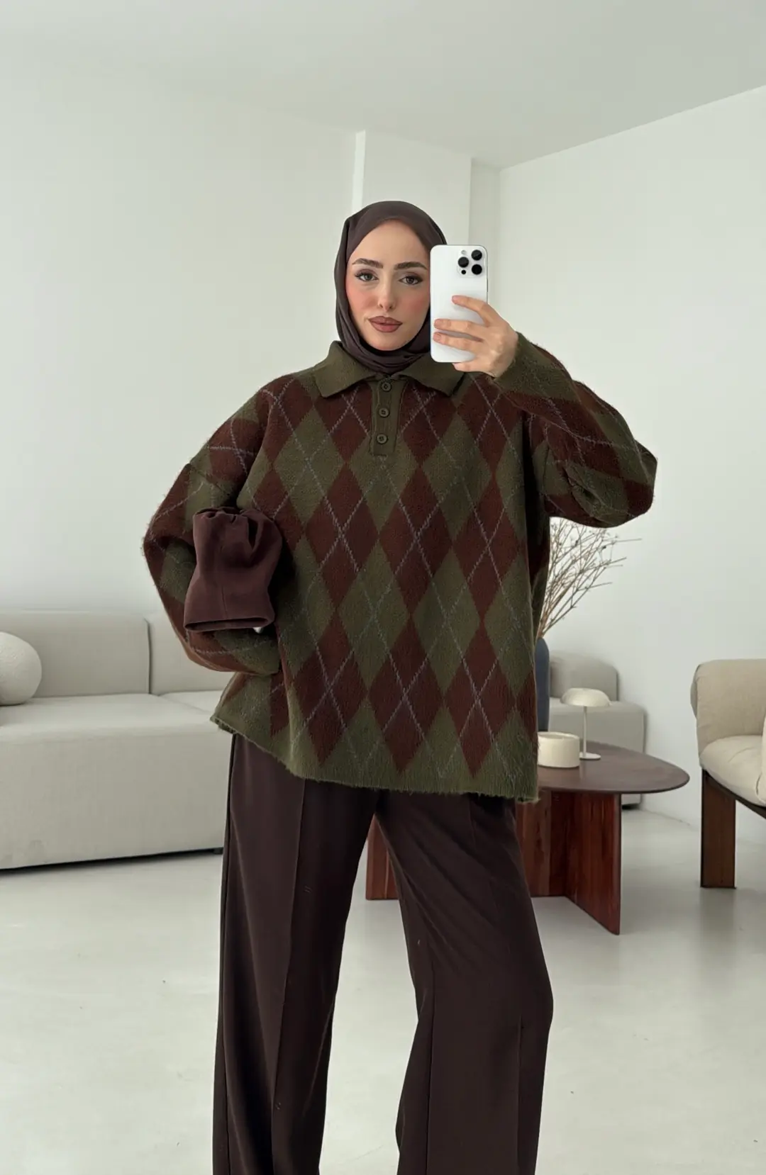 Premium Baklava Desenli Polo Yaka Kazak Haki