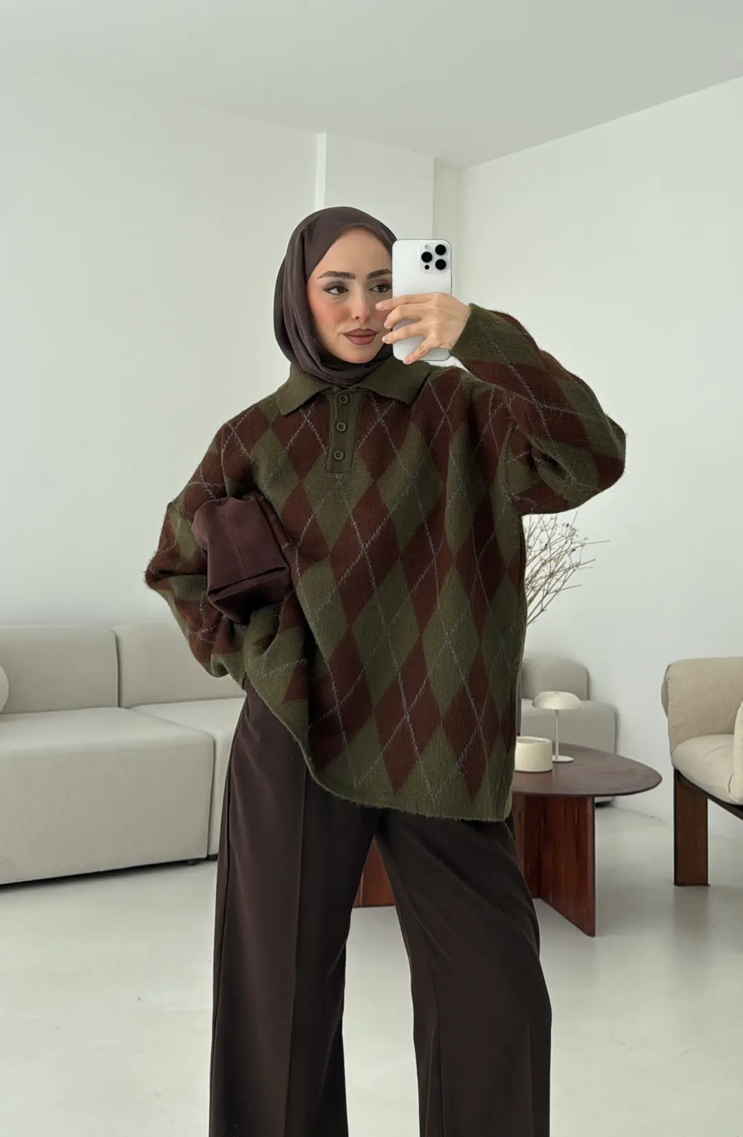 Premium Baklava Desenli Polo Yaka Kazak Haki
