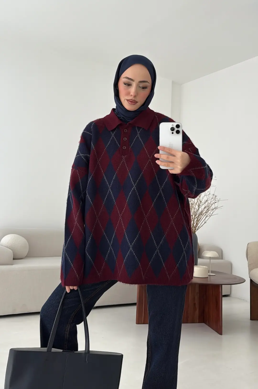 Premium Baklava Desenli Polo Yaka Kazak Lacivert