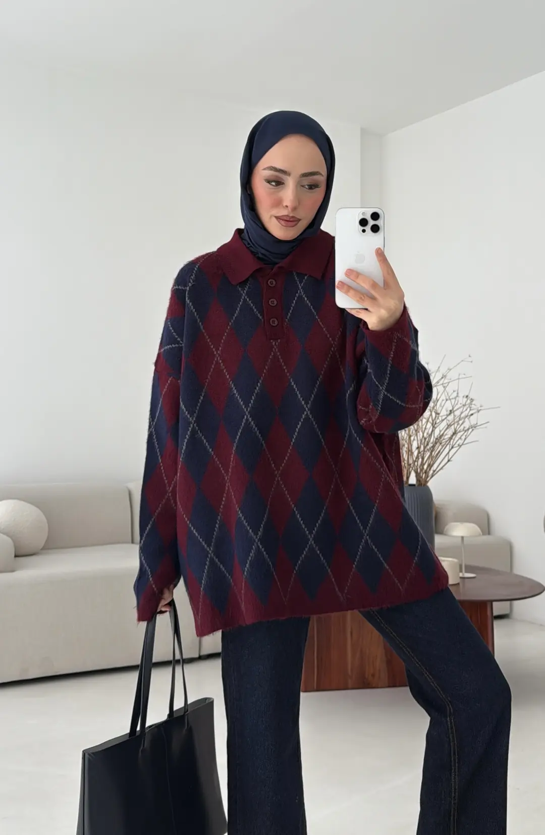 Premium Baklava Desenli Polo Yaka Kazak Lacivert