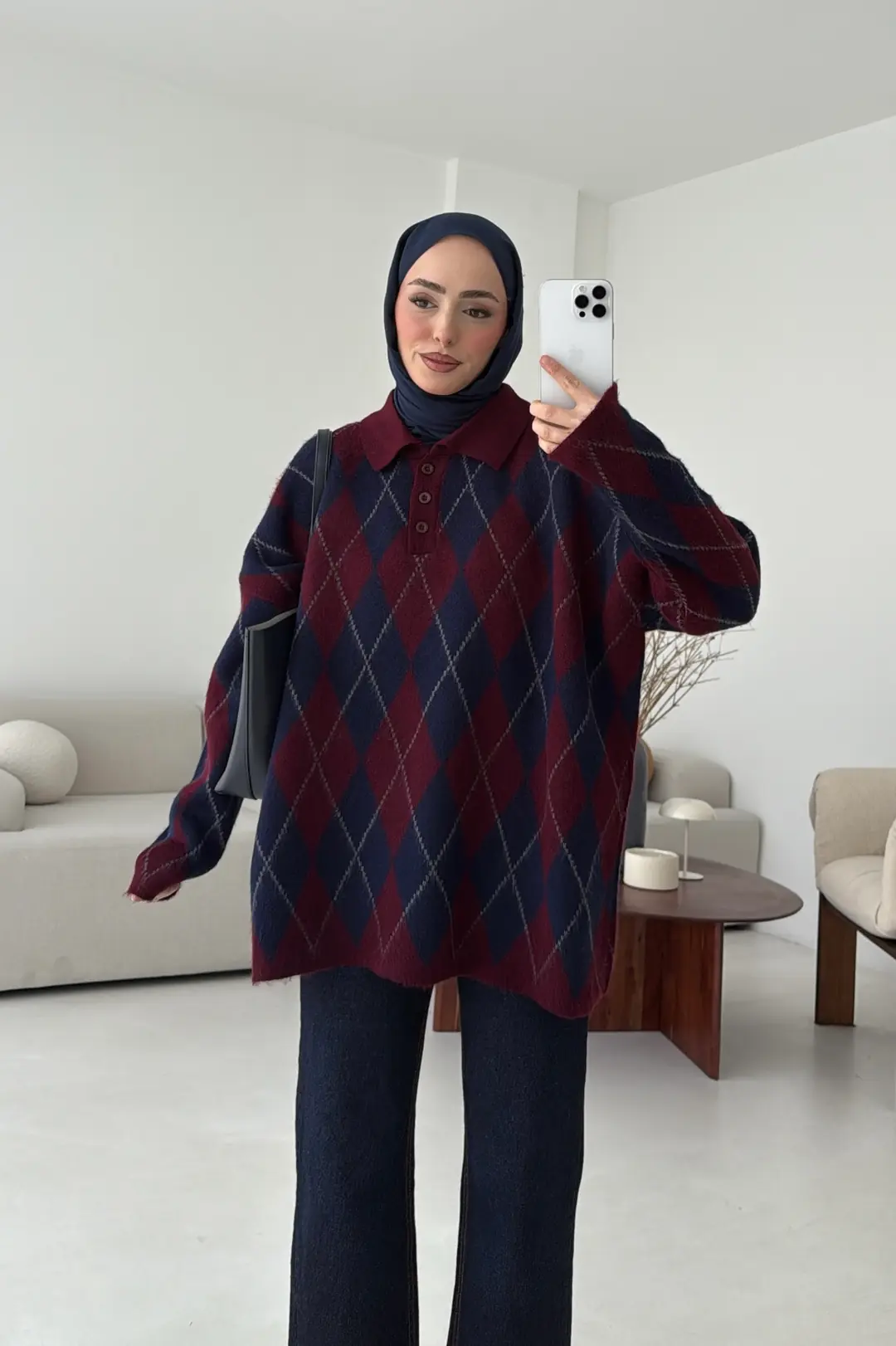 Premium Baklava Desenli Polo Yaka Kazak Lacivert