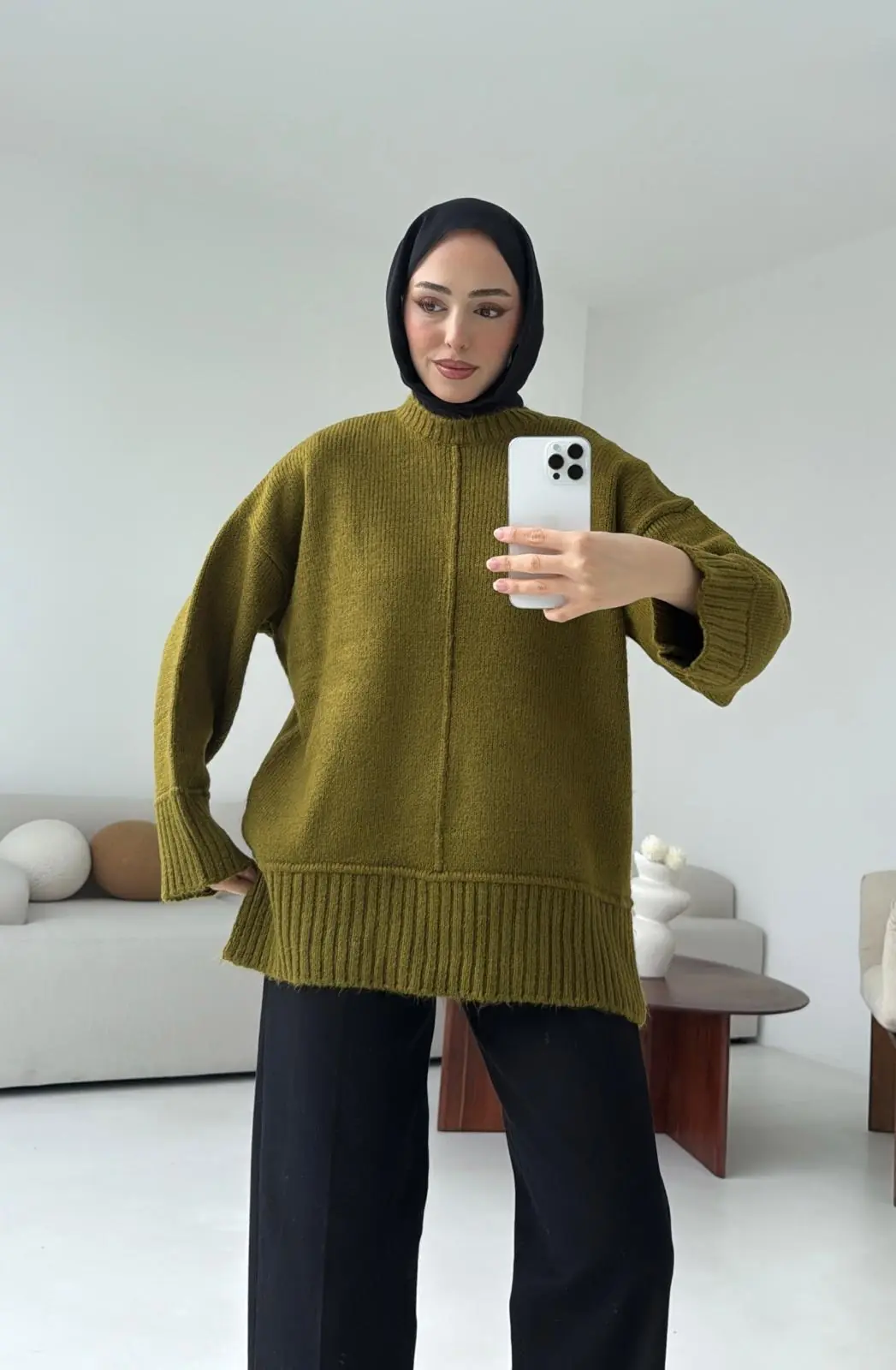 Kalın Manşet Kazak Zeytin Yeşili