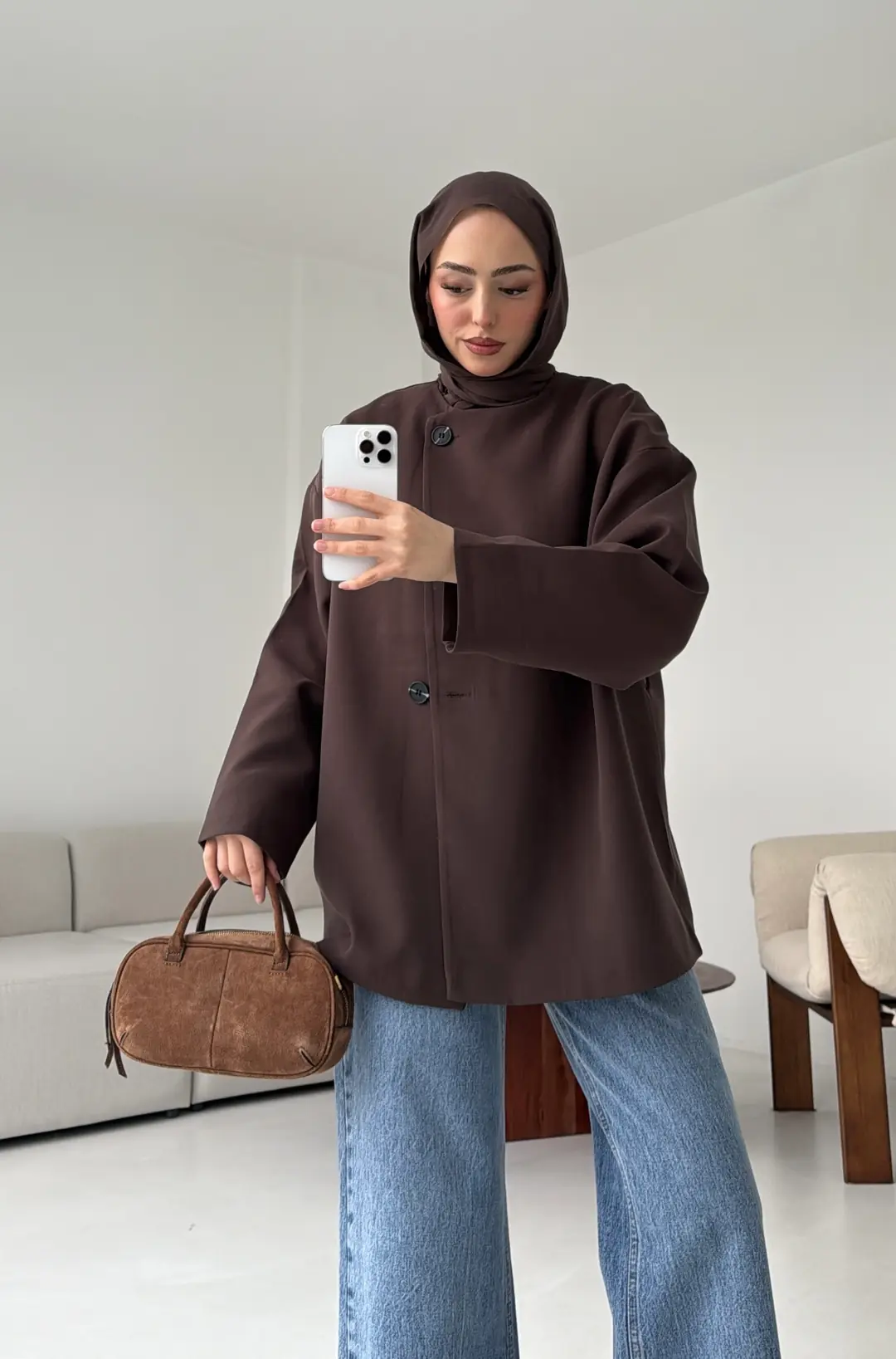 Yandan Düğmeli Kemerli Ceket Kahve