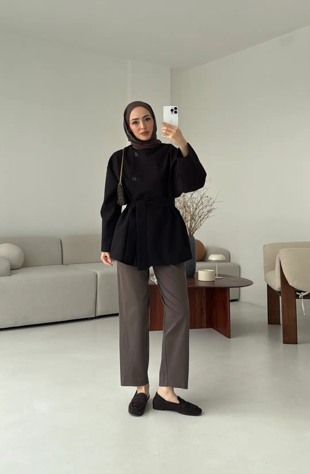 Yandan Düğmeli Kemerli Ceket Siyah