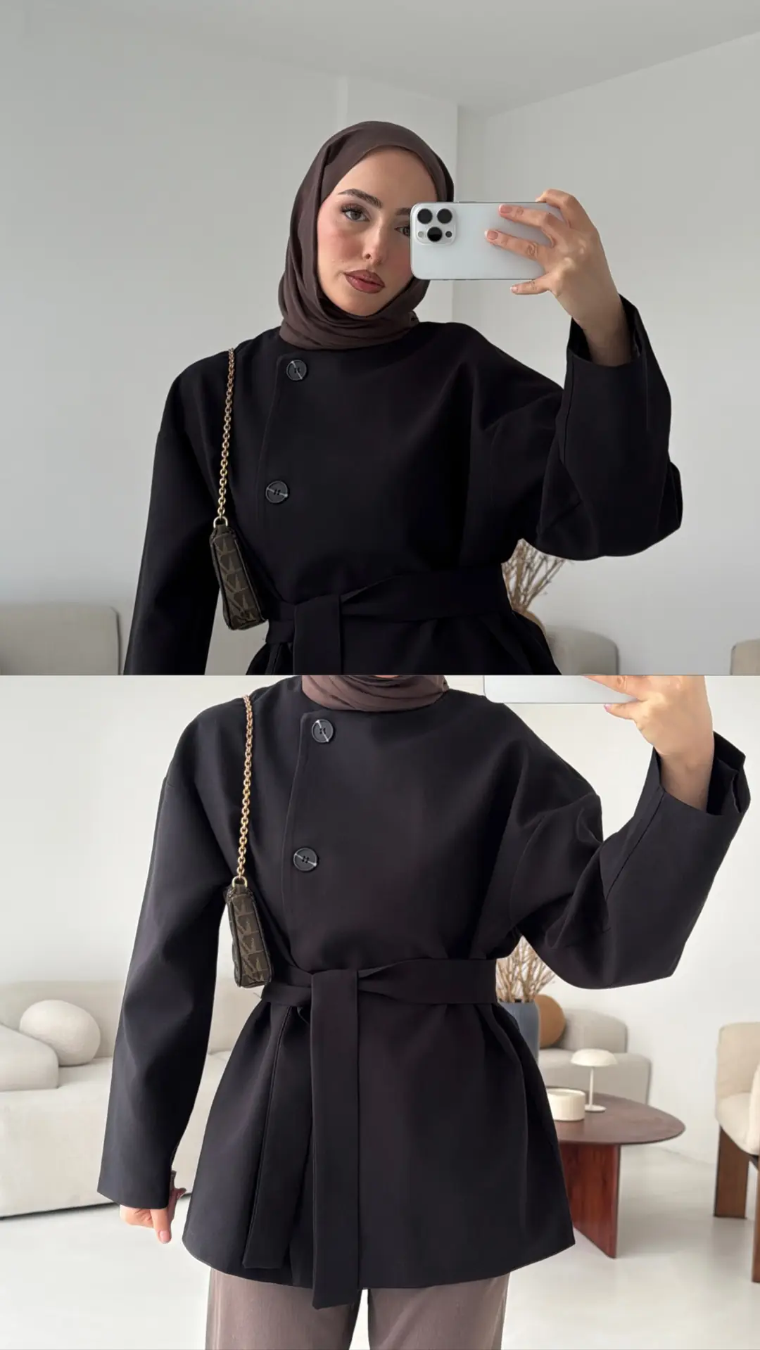 Yandan Düğmeli Kemerli Ceket Siyah