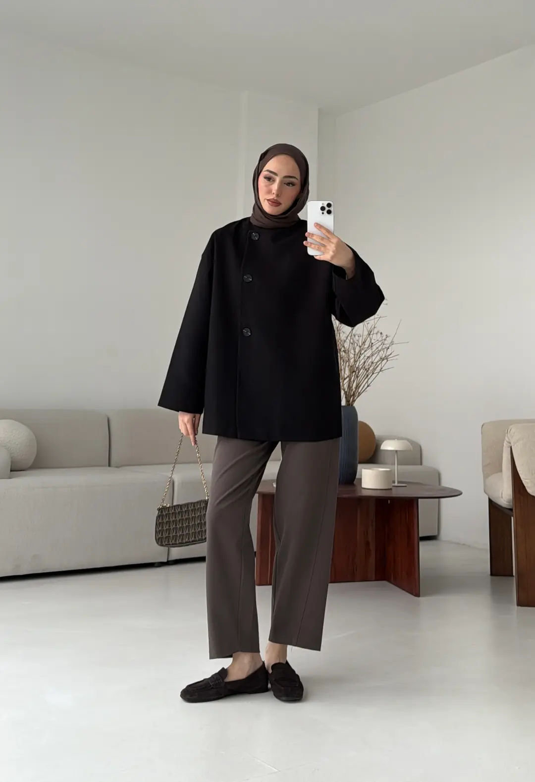 Yandan Düğmeli Kemerli Ceket Siyah